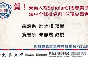 賀!東吳2位教授入榜ScholarGPS「專業領域中全球排名前1%頂尖學者」